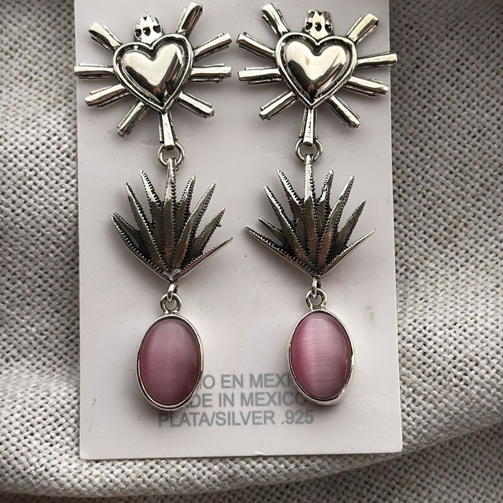 Silver and Pink Heart Drop Earrings